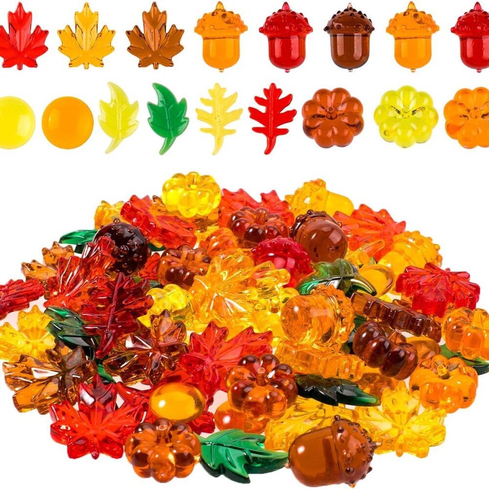 220 Pcs Acrylic Fall Decorations, Mini Fall Leaves Pumpkin Marbles Pine Cones Au
